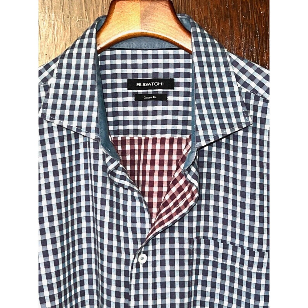 BUGATCHI WHITE & BLUE CHECK LONG SLEEVE COTTON SHIRT FLIP CUFF CLASSIC FIT XL